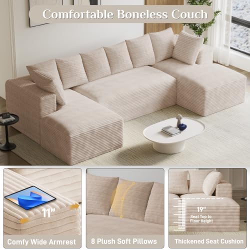 ONEMMLION 131" Oversized Cloud Couch Sofa with Chaise, Beige | Corduroy,...