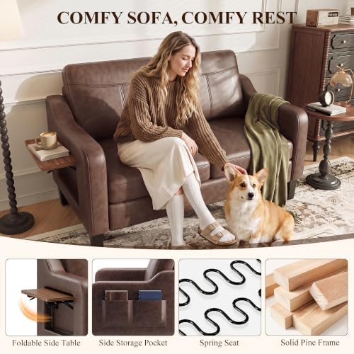 MALOL 51" Accent Chair Set of 2 with Foldable Side Table, Chocolate Brown