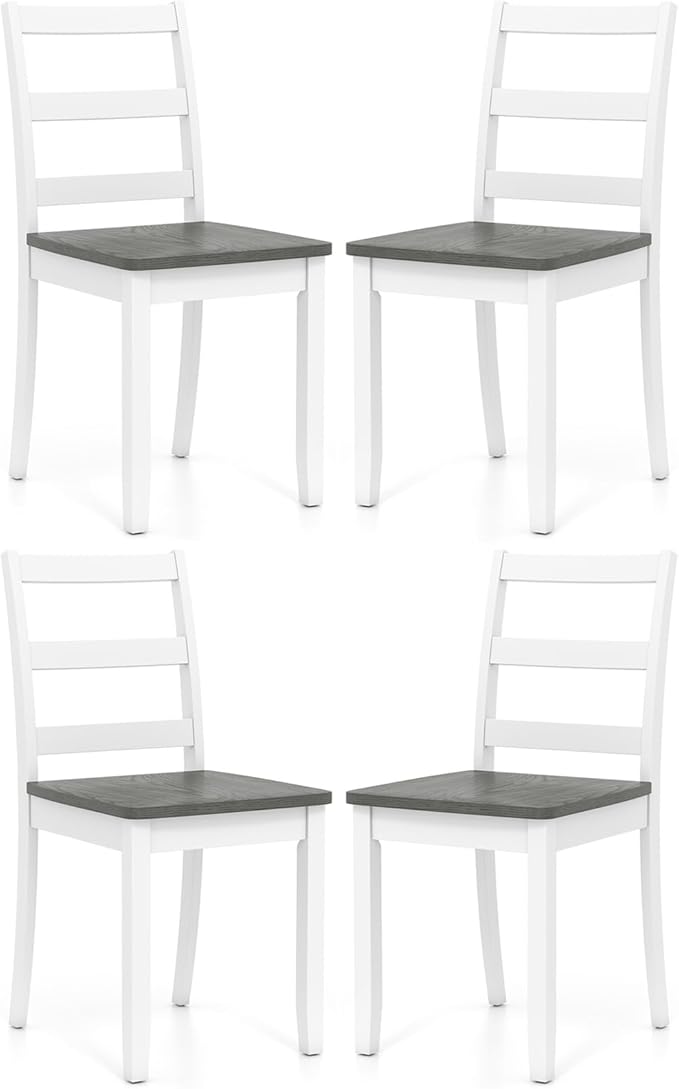COSTWAY Wooden Dining Chairs Set of 4, Mid-Century Modern Armless Kitchen Side Chairs with Curved Backrest and Rubber Wood Legs for Home Dining Room, Kitchen, Restaurant (White&Grey)