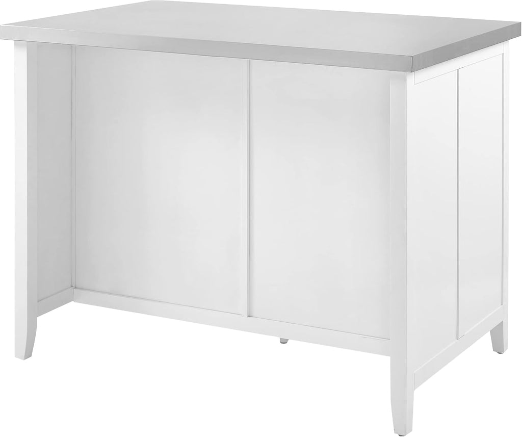 Crosley Furniture Silvia Stainless Steel Top Kitchen Island, Microwave Stand, Coffee Bar, with Shelves, White