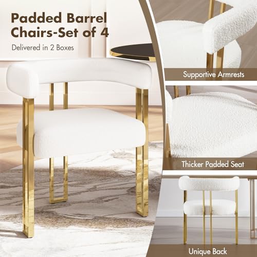 Hyfirm Set of 4 Modern White Boucle Dining Chairs with Gold Metal Legs, Mid C...
