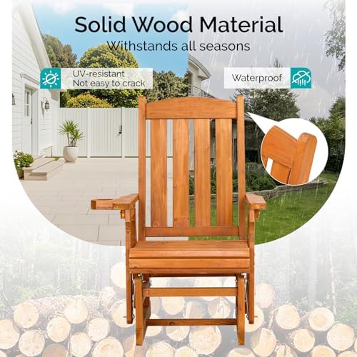VINGLI Outdoor Glider Chair Wood Patio Glider with Cup Holder, Porch Glider w...