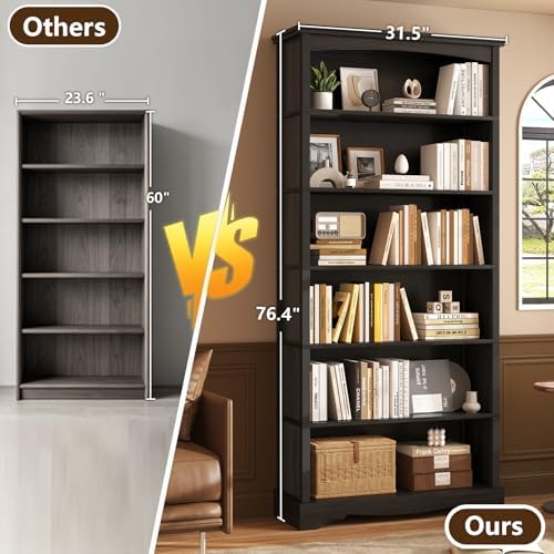 TVU 6-Tier Wooden Bookshelf, 76 Inch Tall Bookshelf with Storage, Floor Stand...