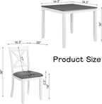 Dining Table Set for 4, 5-Piece Kitchen Table & Chairs Set with Square Table & 4 Fabric Upholstered Chairs, 34.5'' Dinner Set with X-Shaped Backrest & Non-Slip Feet for Kitchen, White&Gray