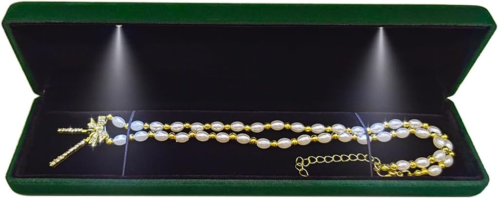 GBYAN Velvet Chain Necklace Box with LED Light, Long Bracelet Storage Case, Jewelry Display Gift Box for Engagement, Anniversary,Wedding and Birthday,Emerald Green