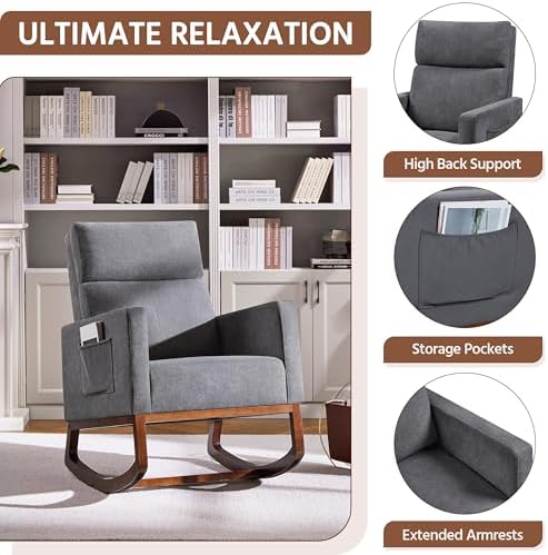 Yaheetech 28in Wide Padded High Back Glider Rocking Chair, Gray Polyester | H...