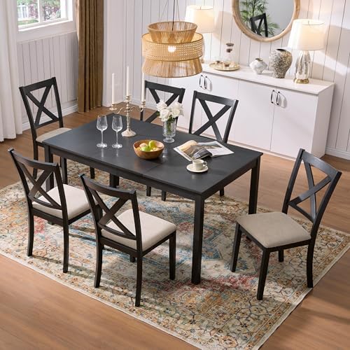 AMERLIFE 7-Piece Farmhouse Solid Wood Dining Table Set for 6, Grey & White