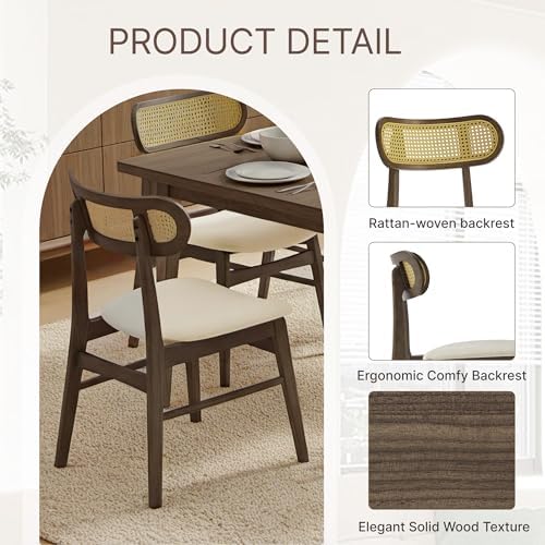 KISLOT Rattan Dining Chairs Set of 6, Upholstered Kitchen Chairs, Walnut
