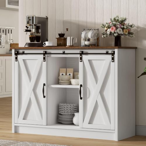 4 EVER WINNER Coffee Bar Cabinet with Sliding Barn Doors, 42”Farmhouse Buffet...