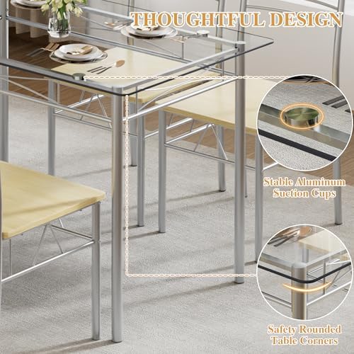 VECELO Dining Table Set for 4, 5-Piece Glass Kitchen Table with Chairs for Sm...