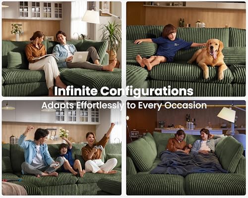 154" Oversize Corduroy Modular Sectional Sofa Couches for Living Room,Green | Washable Couch with Fully Removable Cover, Cloud Couch Sectional, 6 Seater with 2 Ottoman