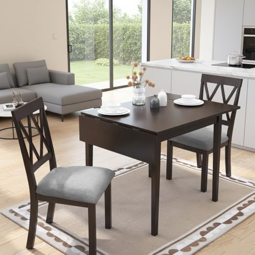 LUMISOL Farmhouse Extendable Kitchen Table Set with Drop Leaf and 2 Chairs, E...