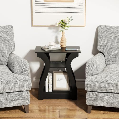 FROMJBEST End Tables Living Room Set of 2 with Charging Station, Black