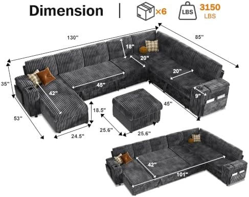 Vipbear 130" Modular Sectional Sleeper Sofa with Pull Out Bed, 9 Seat Co...