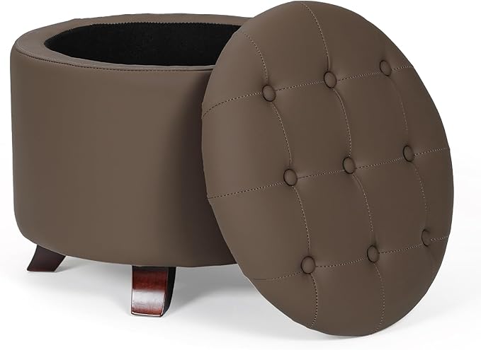 Athena Collection 20 Inch Small Ottoman with Storage, Round PU Leather Storage Ottoman with Removable Lid, Stylish Footstool Foot Rest for Living Room, Bedroom, Dorm, Brown