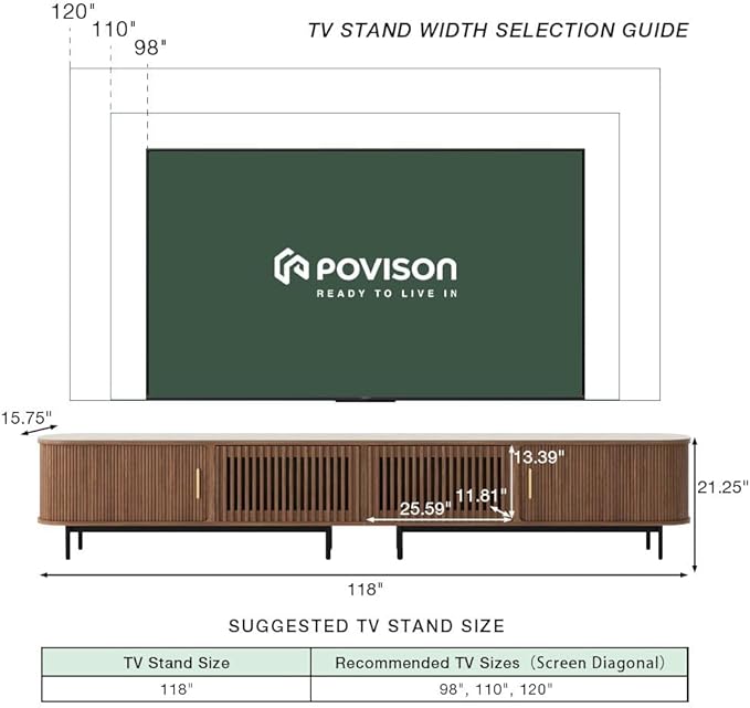 POVISON Fully-Assembled Sliding Tambour Door TV Stand, Mid Century Modern Sintered Stone TV Console, Wood Media Console, Entertainment Center with Storage Cabinet (Walnut, 118.11")