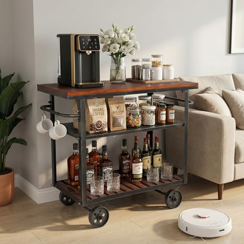 Vintage Rolling Bar Cart on Wheels Industrial Mobile Serving Cart Metal and W...