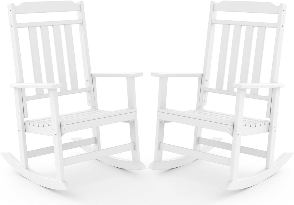 GREENVINES Classic Outdoor-Rocking-Chairs-Set-of-2, HDPE Rocker, White | 30.3" High Back | All Weather Porch Chairs Plastic | Heavy Duty | 20.5" Wide Seat | Big & Tall | for Patio Balcony Deck