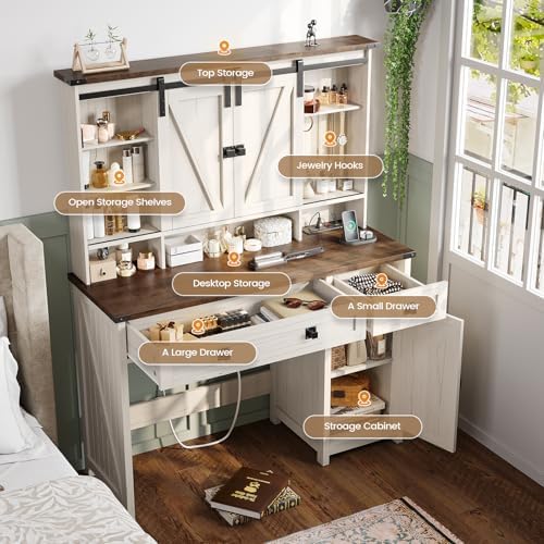 AOGLLATI Makeup Vanity with Lights & Barn Doors, Vanity Desk with Mirror ...
