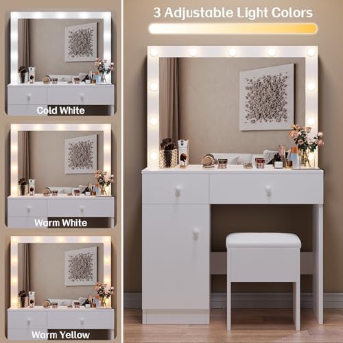 Haewon White Makeup Vanity Desk with Lighted Mirror and Storage Chiar Set | 1...