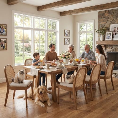 LukeAlon Linen Dining Chairs Set of 4, Natural Woven Cane Back with Solid Woo...
