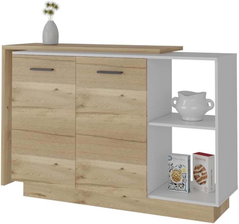 White and Light Oak 4-Door Kitchen Set with Island and Pantry Cabinet | Inclu...