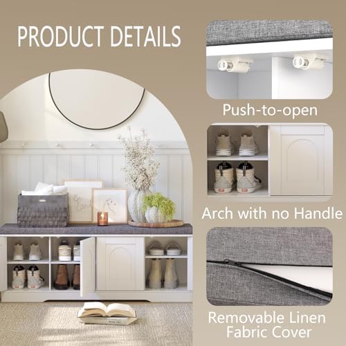 DINZI LVJ Shoe Storage Bench with Cushion, Door, White 47.2" LX17.7 H | ...