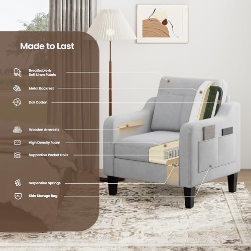 Upholstered Accent Chair with Foldable Side Table for Living Room | 2 Side Po...