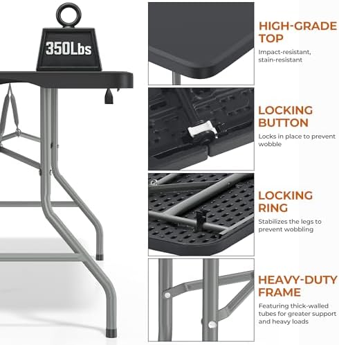 SKONYON 5ft Folding Table Heavy Duty 350 LBS Foldable Table with 18% Thicker ...