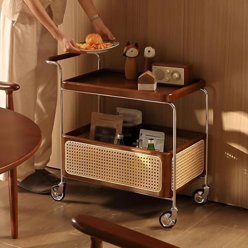 Brown Wood Rolling Side Table - 2-Tier Multi-Functional Utility Cart with Rat...