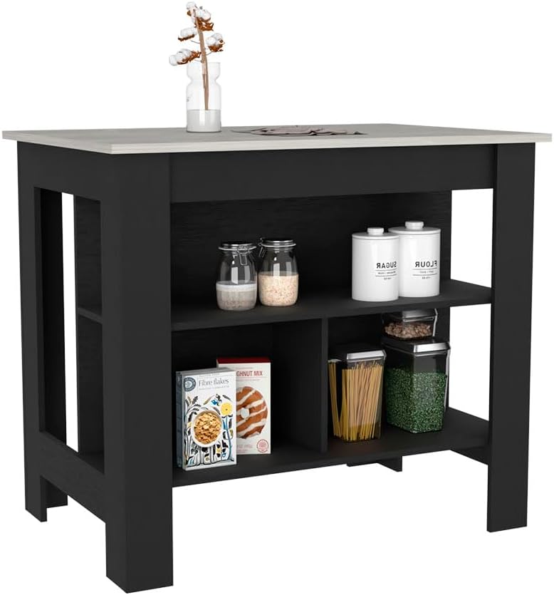 Kitchen Island Dozza with Three Shelves Black and Ibiza Marble Finish | Three...