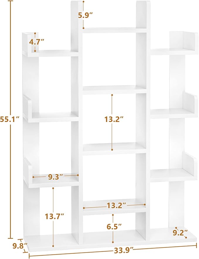 Aheaplus Bookshelf, Tree-Shaped Bookcase Storage Shelf with 13 compartments, Books Organizer Display Cube Shelves, Industrial Free Floor Standing Wood Open Bookshelves for Home, White