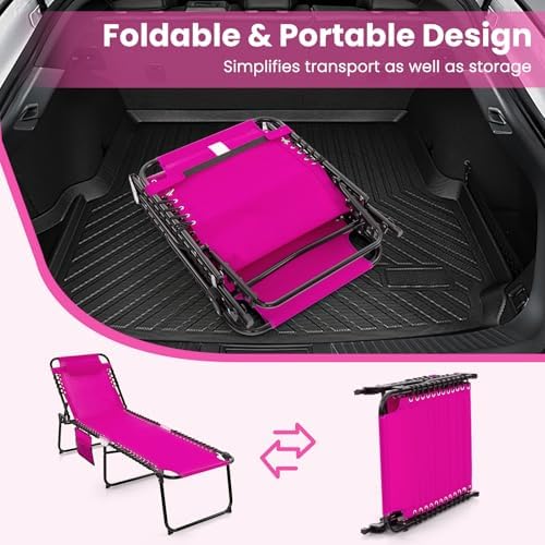 GYMAX Lounge Chairs for Outside, Extra High Folding Beach Tanning Lounger with 4-Level Adjustable Backrest, 2-Level Footrest & Removable Pillow, Sunbathing Lounge for Patio, Lawn, Poolside (1, Pink)