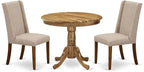 East West Furniture ANFL3-ANA-04 3 Piece Kitchen Table Set Contains a Round Dining Room Table with Pedestal and 2 Light Tan Linen Fabric Upholstered Chairs, 36x36 Inch, Natural