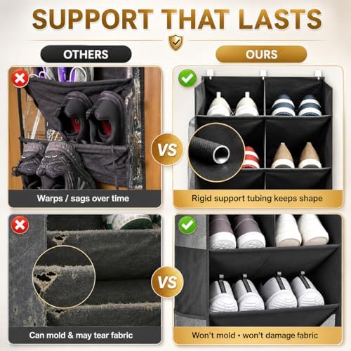 8 Tier Hanging Shoe Organizer for Closet, Over the Door Shoe Organizer with Deep 120D Extra Thick Pockets, Shoe Rack for Closet & Entryway, with 6 Side Pockets for Boots (Transparent)