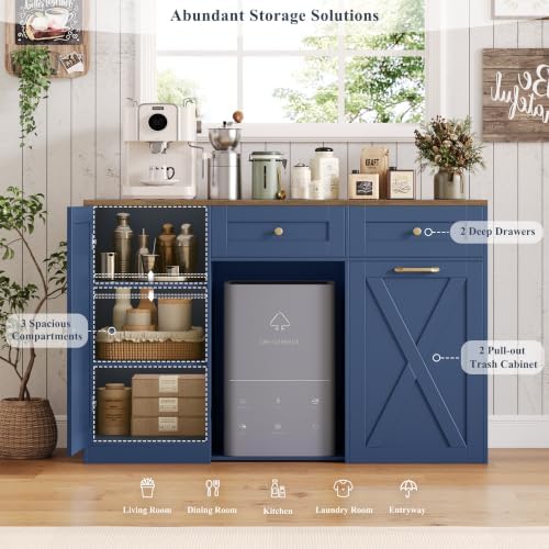 HOSTACK 12.5 Gallon Trash Can Cabinet, 47" W Dual Garbage Can Cabinet, Blue