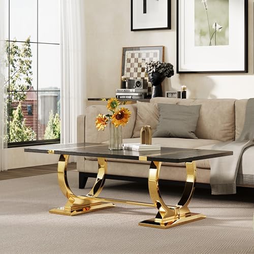 Asday 2 Piece Living Room Table Set, Black and Gold Coffee Table Set with Pol...