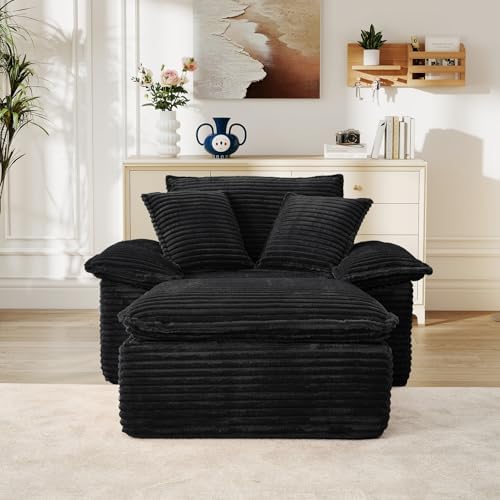 Oversized Chaise Lounge Chair Indoor with Ottoman, Upholstered Corduroy Moder...