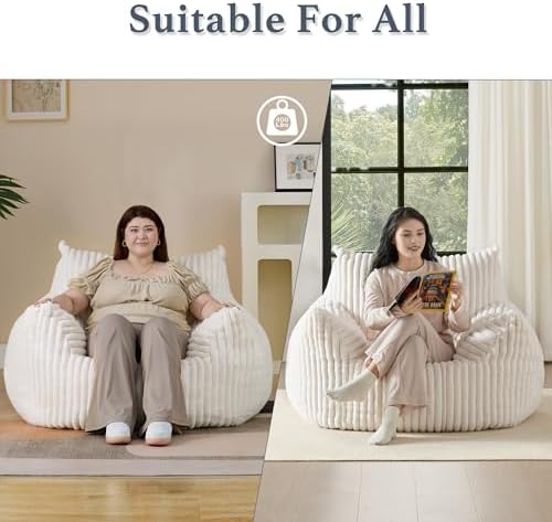 Giant Plush Bean Bag Chair for Adults with Armrests - Oversized Comfy Beige B...
