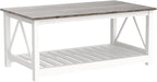 Farmhouse Coffee Table for Living Room, 2-Tier Rectangular Wooden Centre Cocktail Table with Slats Shelf Storage and V-Shaped Frame, Oak Grey