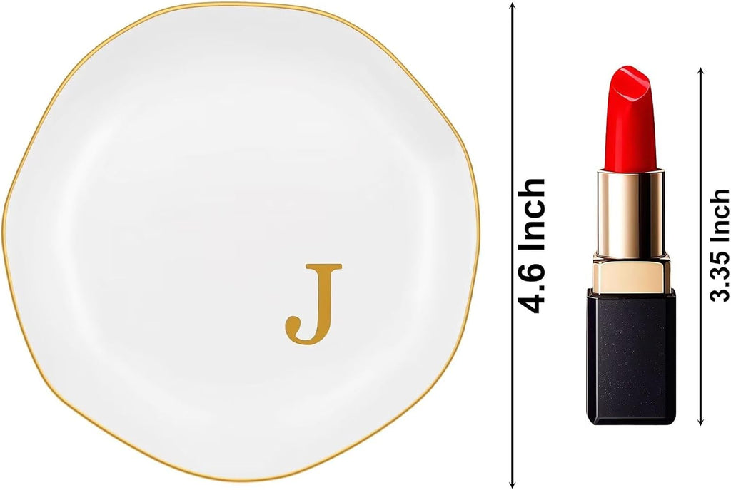 Ceramic Jewelry Tray, Personalized Initial Ring Dish, Elegant Trinket Tray for Rings Earrings Bracelet Necklaces, White Decorative Jewelry Holder for Women Vanity, 4.5 Inch, Letter J