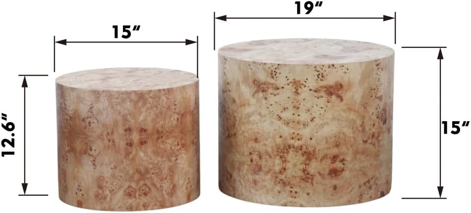 Nesting Coffee Table Set of 2, Modern Round Coffee Table (Natural Wood + Soli...