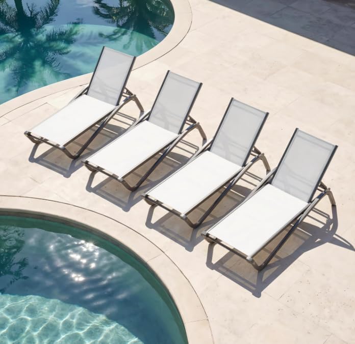 Aluminum Pool Lounge Chairs Set of 4 with 5 Adjustable Backrest, Textilene Fa...