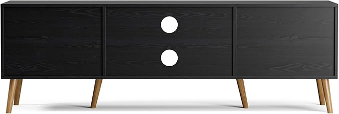 TV Stand for TVs up to 65'', Entertainment Center with Rattan Door, Shelves & 2 Cabinets, Boho Media TV Console for Living Room, Bedroom, Black