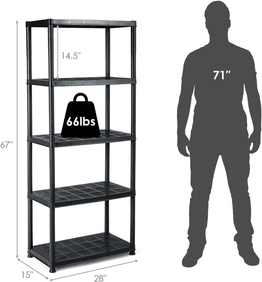 IRONMAX 5-Tier Plastic Storage Shelves, Multi-Purpose Display Shelf Rack, Light Duty Storage Shelving Unit for Laundry Pantry Closet, Black (1, 28“L X 15”W X 67“H)