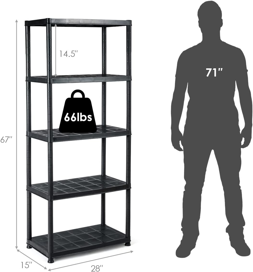 IRONMAX 5-Tier Plastic Storage Shelves, Multi-Purpose Display Shelf Rack, Light Duty Storage Shelving Unit for Laundry Pantry Closet, Black (1, 28“L X 15”W X 67“H)