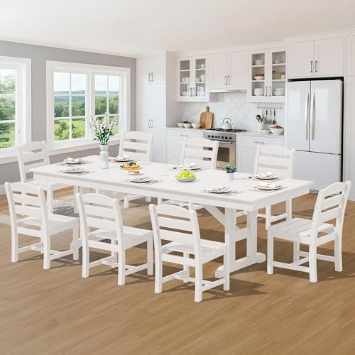 SERWALL 9Pcs 84" HDPE Outdoor Dining Set for 8 with Armless Chairs,White