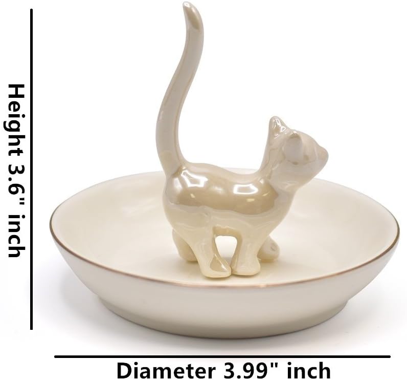 ROSA&ROSE Cat Ring Holder Trinket Tray Ceramic Jewelry Dish Decorative Ring Holder/Trinket Tray Engagement Wedding Birthday Gifts for Women Her(Pearl White)