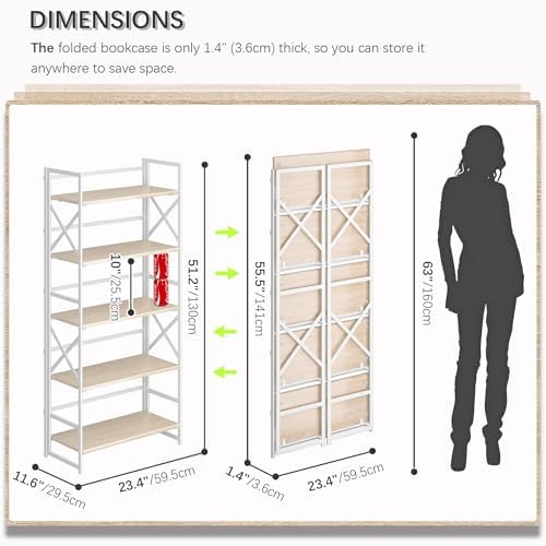 4NM 5 Tiers No Assembly Book Shelves, 51.2" H Folding Bookshelf Bookcase...
