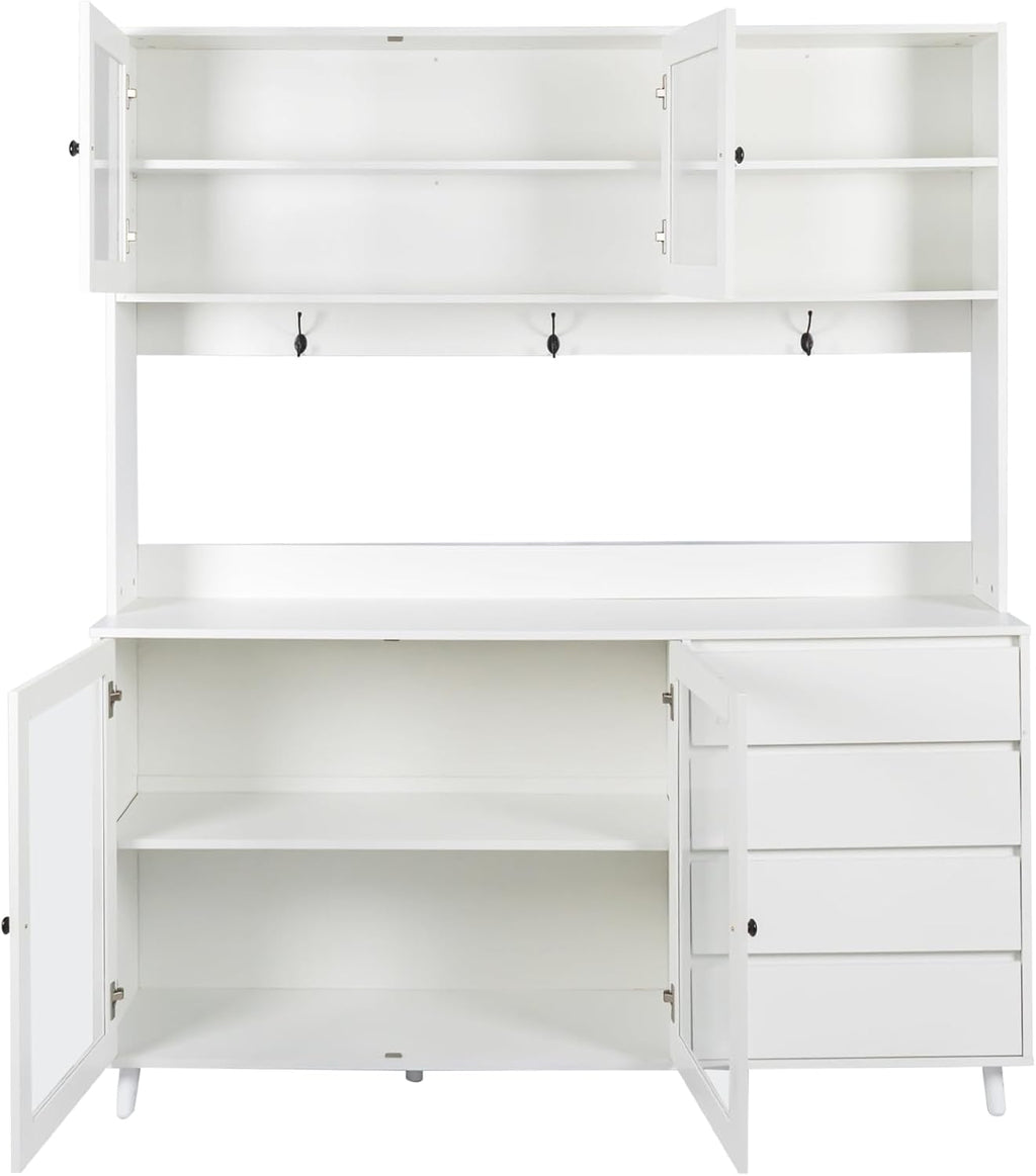 roomfitters 63" Large Kitchen Hutch Cabinet, Freestanding Pantry Cupboard with 4 Doors, 4 Drawers & Microwave Shelf, White